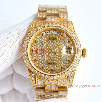 Swiss Pave Diamond Rolex Day-Date 38 Ruby Setting Diamond Bezel Watch